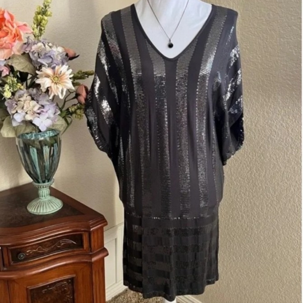La Cite Vintage Sequin V-Neck Cocktail Mini Dress Black Medium